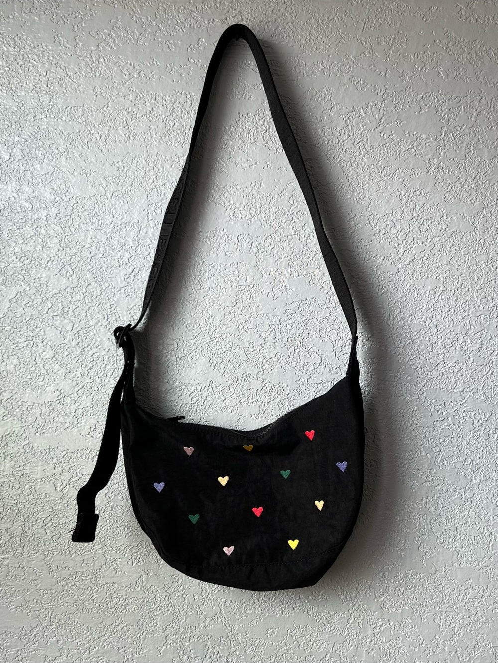 BAGGU Black Nylon Shoulder Bag Mini Hearts Embroidered Y2K Style Crossbody